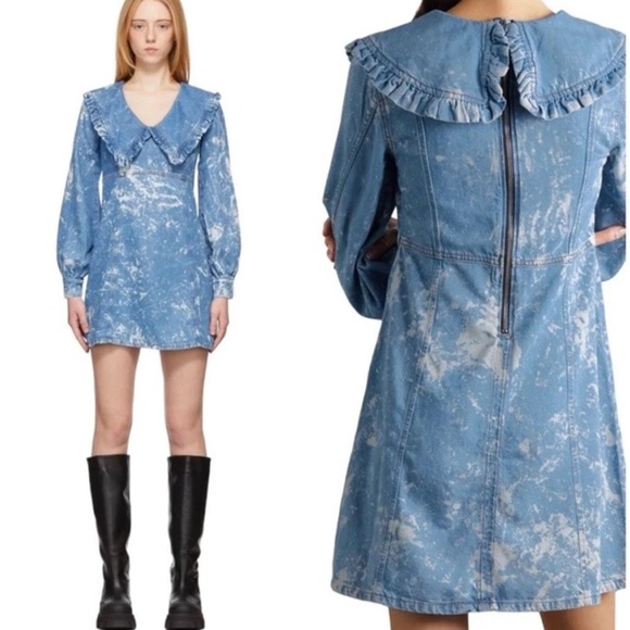 Ganni Light Bleach Denim V-neck Ruffle Collar Dress Size 38 US 6 - Picture 1 of 15